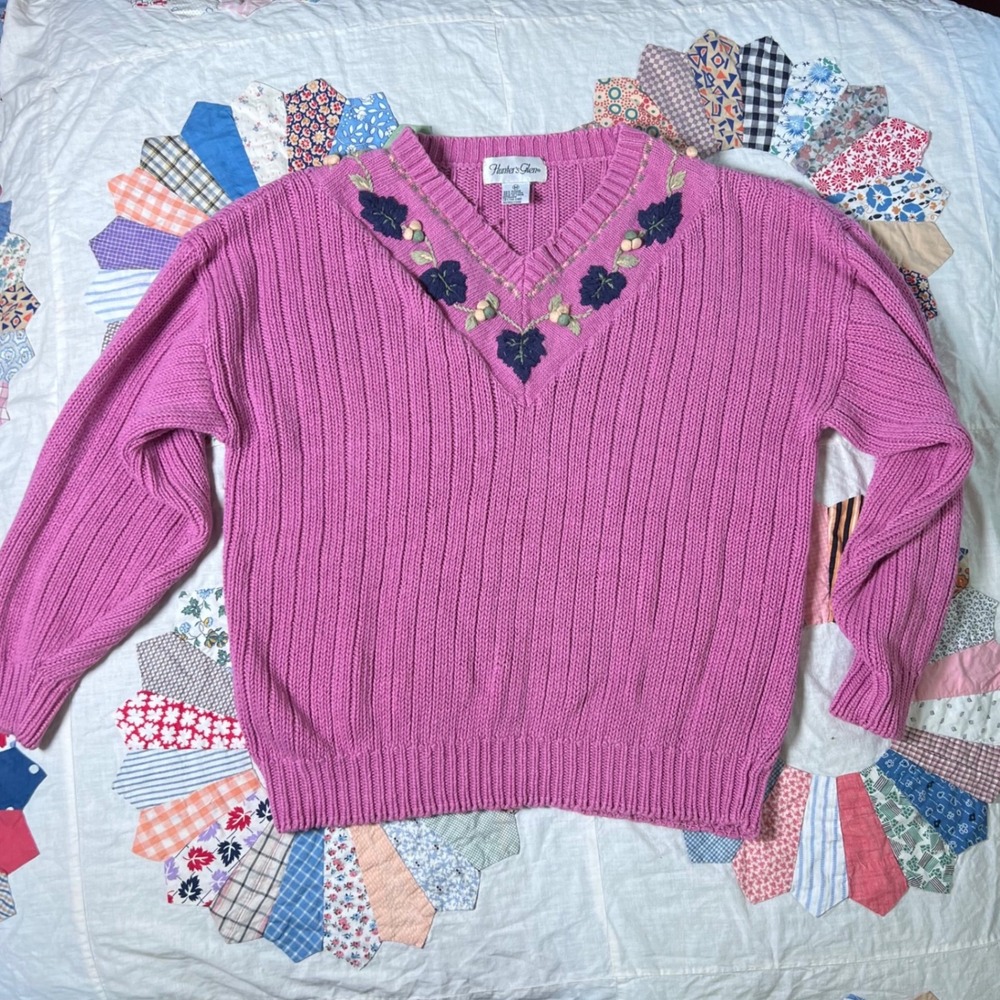 Hunter's Glen Pink Ribbed Knit Floral Embroidered‎ V-Neck Sweater Womens Medium